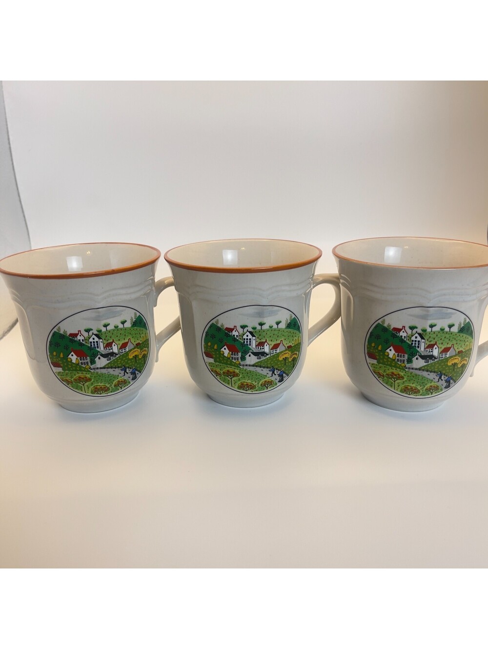 VTG Newcor Country Village 627 Stoneware Coffee Cups Japan Set of 3 Mug Folk Art
